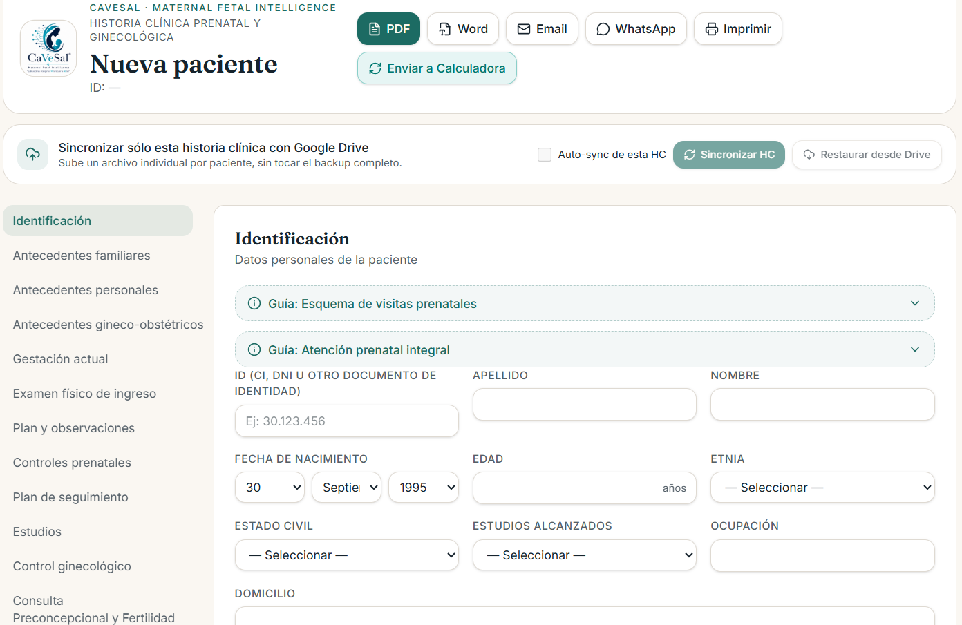 Menú lateral con las 12 pestañas de la historia clínica