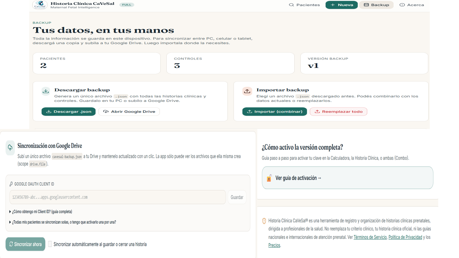 Pantalla dedicada de Backup con opciones de Google Drive