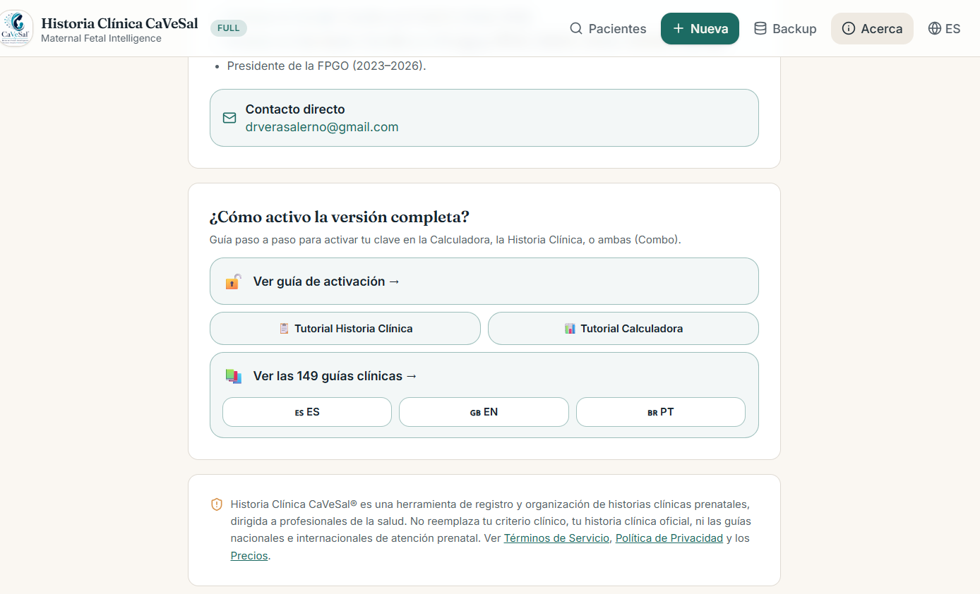 Sección Acerca con los tutoriales y las guías clínicas ampliadas en ES/EN/PT