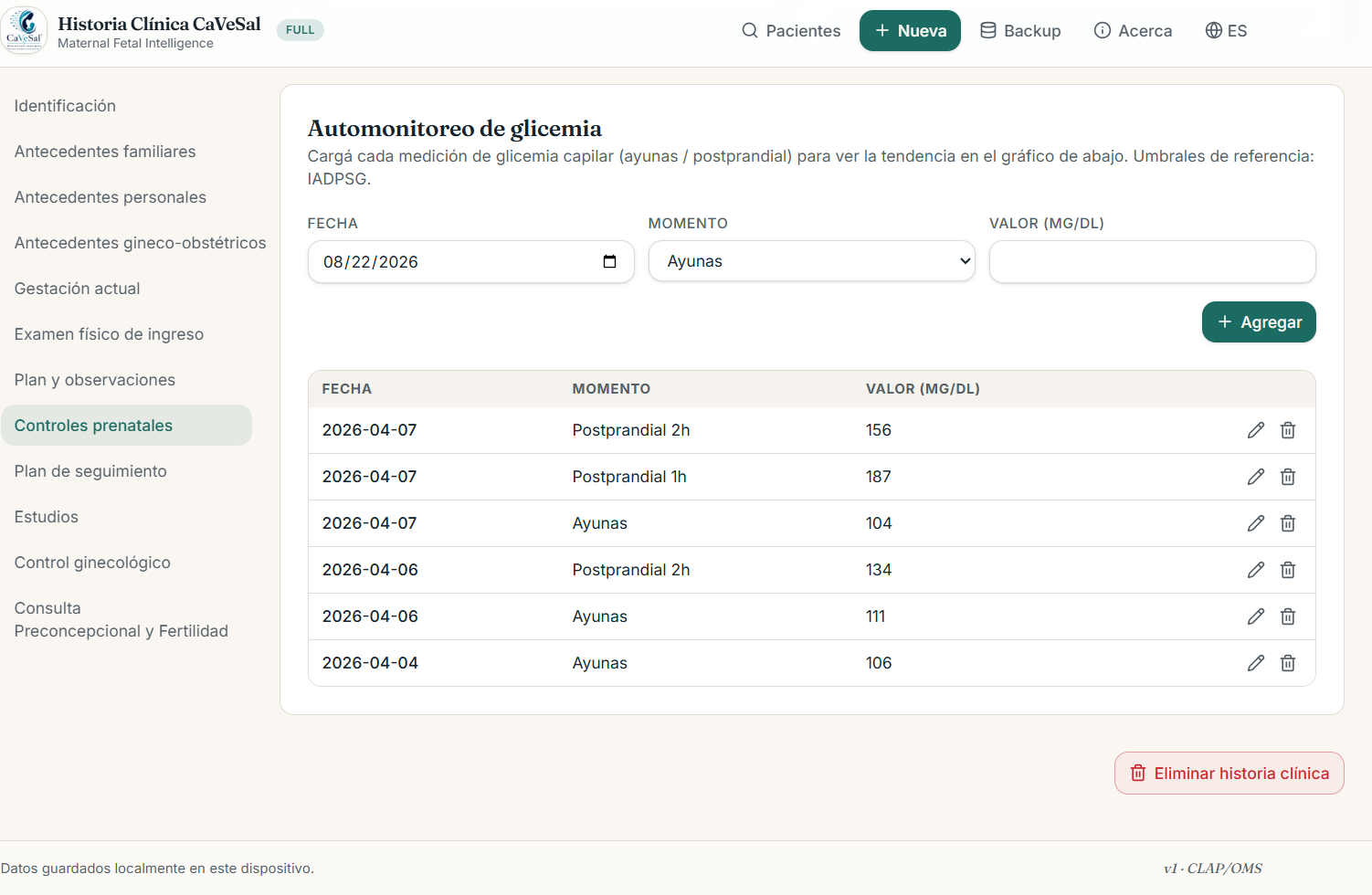 Formulario y tabla de automonitoreo de glicemia