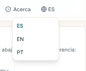 Selector de idioma de la interfaz: ES, EN, PT