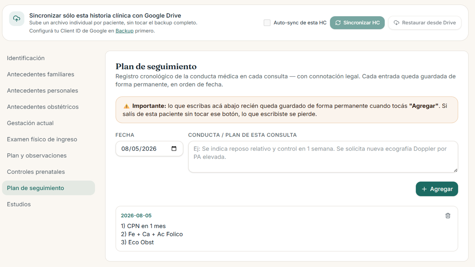 Plan de seguimiento: registro cronológico de conducta médica