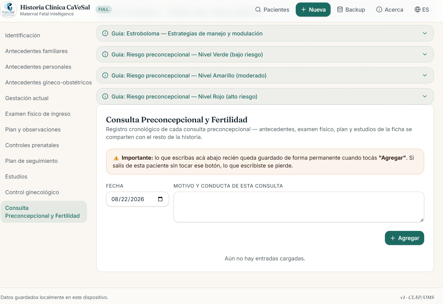 Consulta Preconcepcional y Fertilidad, con guías de riesgo preconcepcional